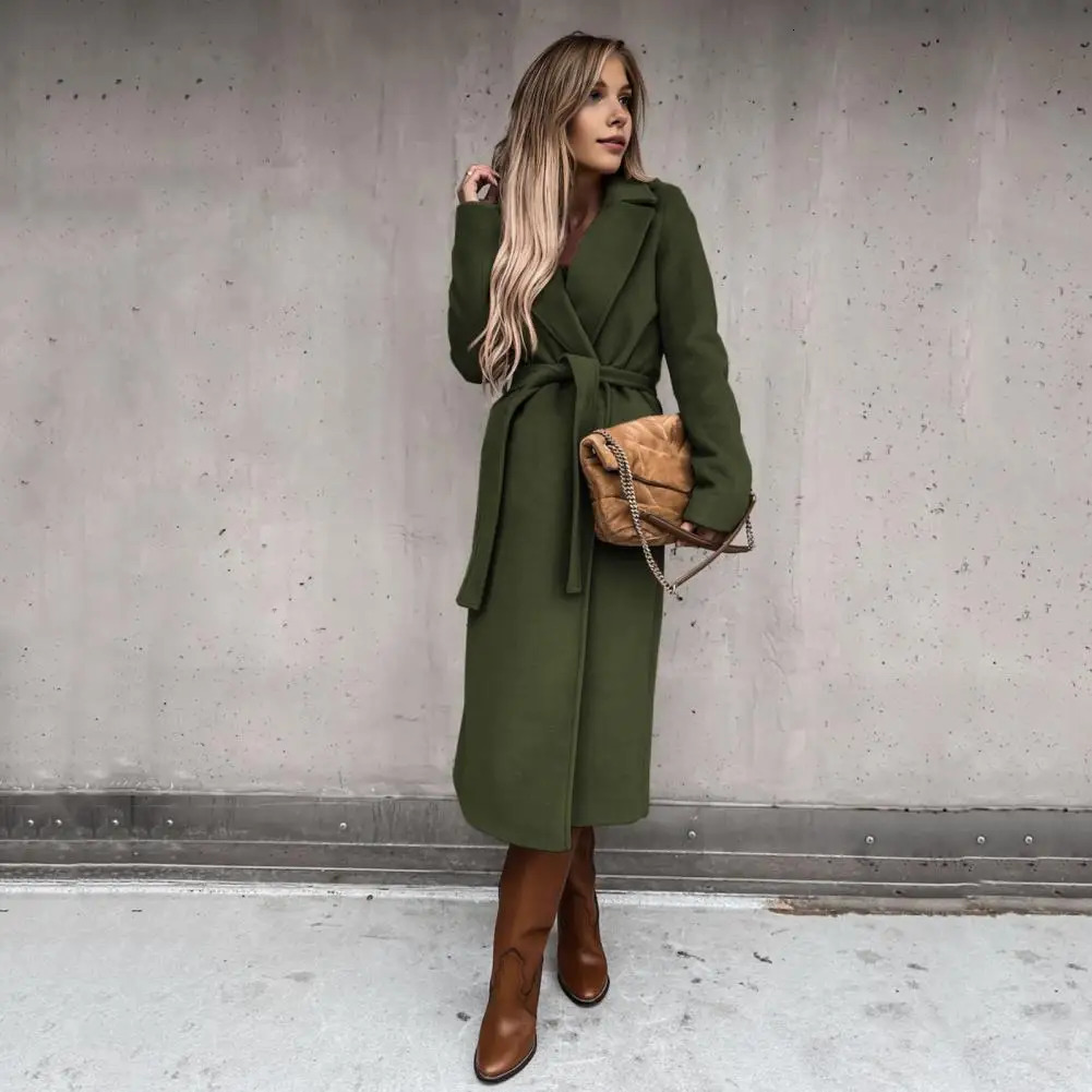 Women Long Coat Solid Color Elegant Womens Winter with Belt Turndown Collar Stylish Calf for Formal Weather 241129