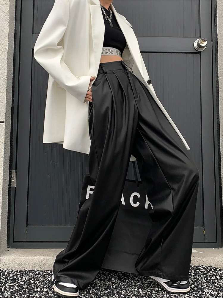 Lautaro Spring Autumn Loose Casual Wy Soft Black Brown Pu Leather Wide Leg Pants For Women High Waist Emo Korean Fashion