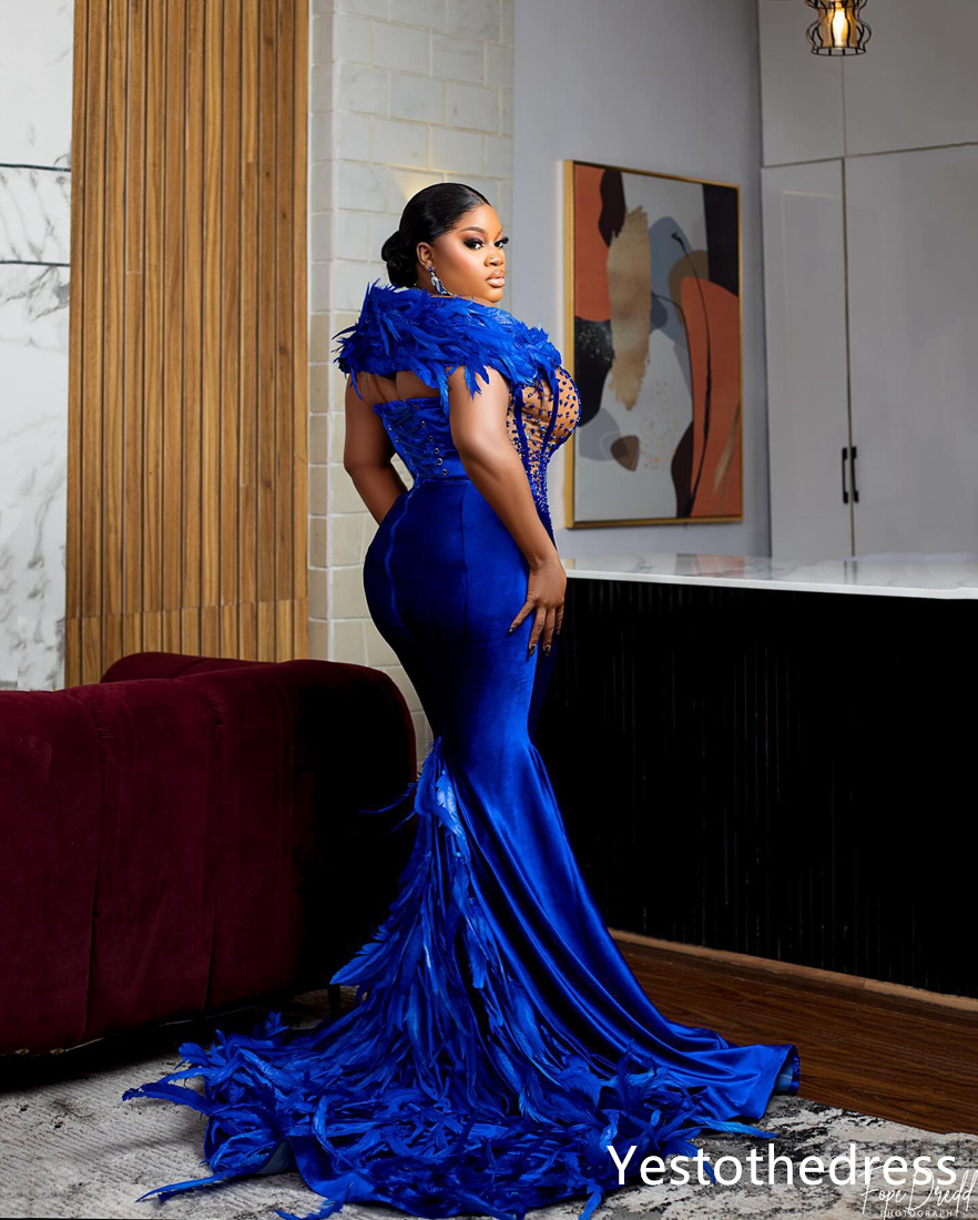 R&W 2024 Plus Size Prom Dresses for Black Women Promdress Feathered Portrait Beaded Veet Birthday Dress Second Reception Gowns Engagement Gown Vestido