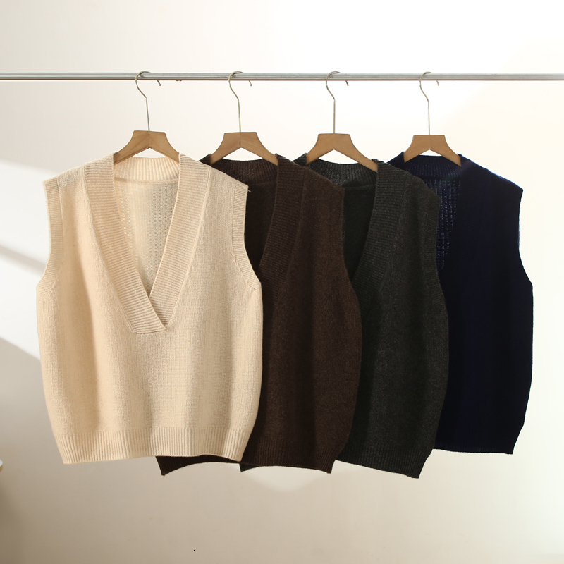 Women's V-Neck Waistcoat Autumn Winter Office Lady Simple Style Cashmere Sweater 100% Merino Wool Knit Sleeveless Pullover