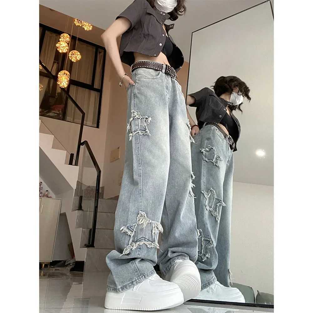 Women's Jeans American retro star blue womens jeans high waist straight wide leg Trouser trendy bag womens jeans H241130