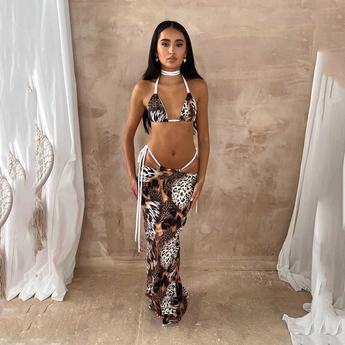 Women's Swimwear 3-piece bikini set push up bikini 2024 sexy womens swimsuit Maxi dress womens swimsuit printed swimsuit beachwear H241130