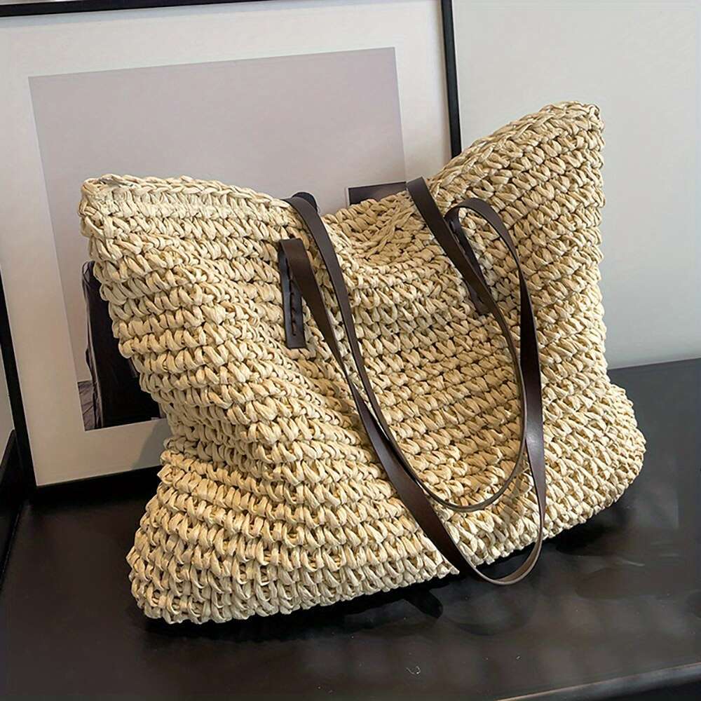 Grass woven large capacity handbag, lightweight shopping zipper shoulder bag, exquisite summer beach handbag
