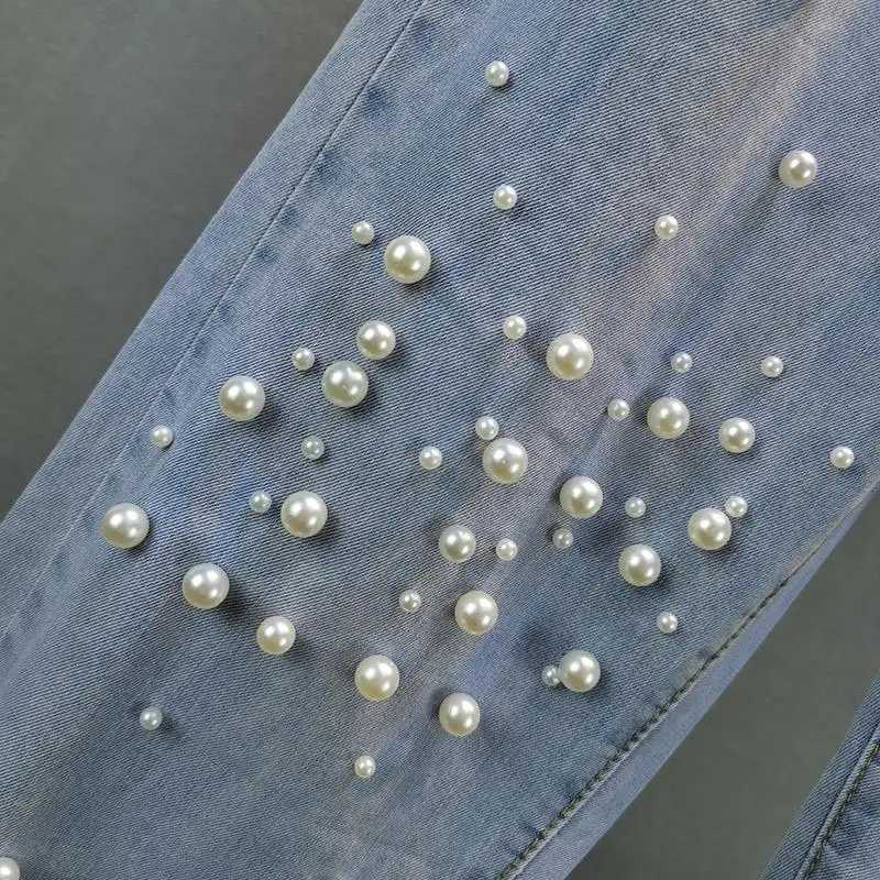Women's Jeans Beaded denim harem pants for women in spring and summer pearl decoration elastic waist loose jeans fashion trend fully matched pant