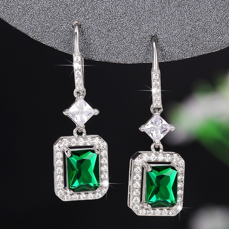 Radiant Emerald Green CZ Sterg Sier Dangle Earrings For Women 4