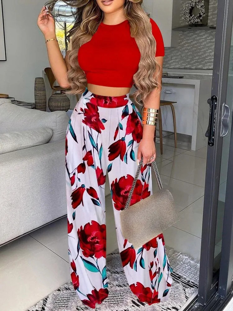 Womens Sexy Ultra Short Top Set Summer Fashion Printed Corset Waist Long Pants Slim Elegant Female Casual 2 Piece 241129
