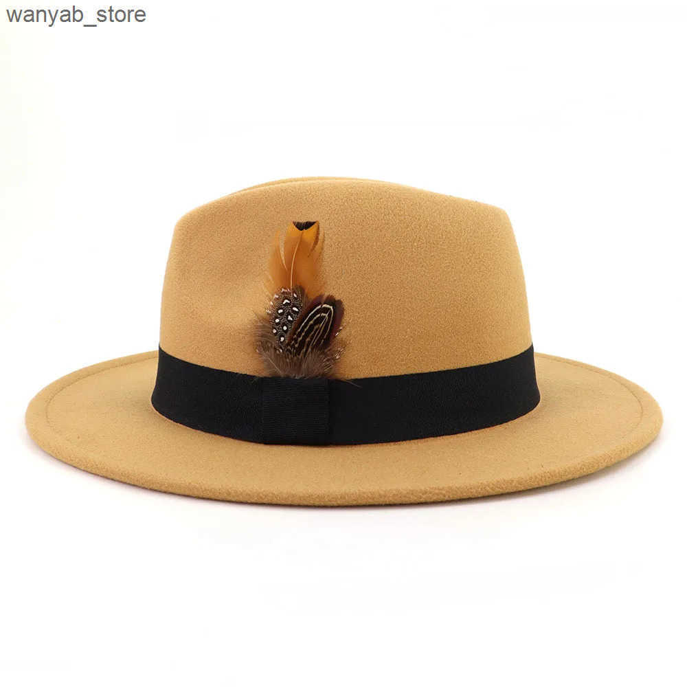 Wide Brim Hats Bucket Hats New Feather Top Hat Men Women Elegant Jazz Fedora Hats Party Wedding Church Panama Felt Cap Wide Brim Sun Protection 58-60c