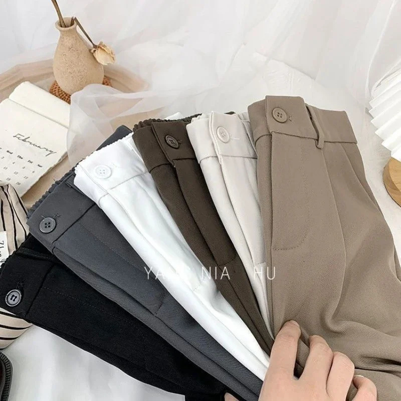 Fashion Elastic High Waist Pants Women Spring Casual Loose Solid Straight Trouser Office Ladies Work Nine Points Suit Pant 240430