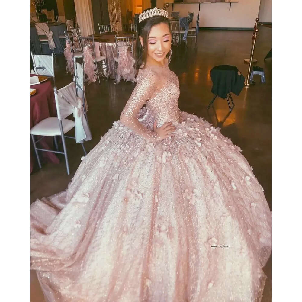 Amazing Rose Gold Long Sleeves 3D wer Quinceanera Prom Dresses Ball Gown Beaded Illusion Evening Formal Gowns Sweet 16 Vestidos De Dress Ruffles 0431