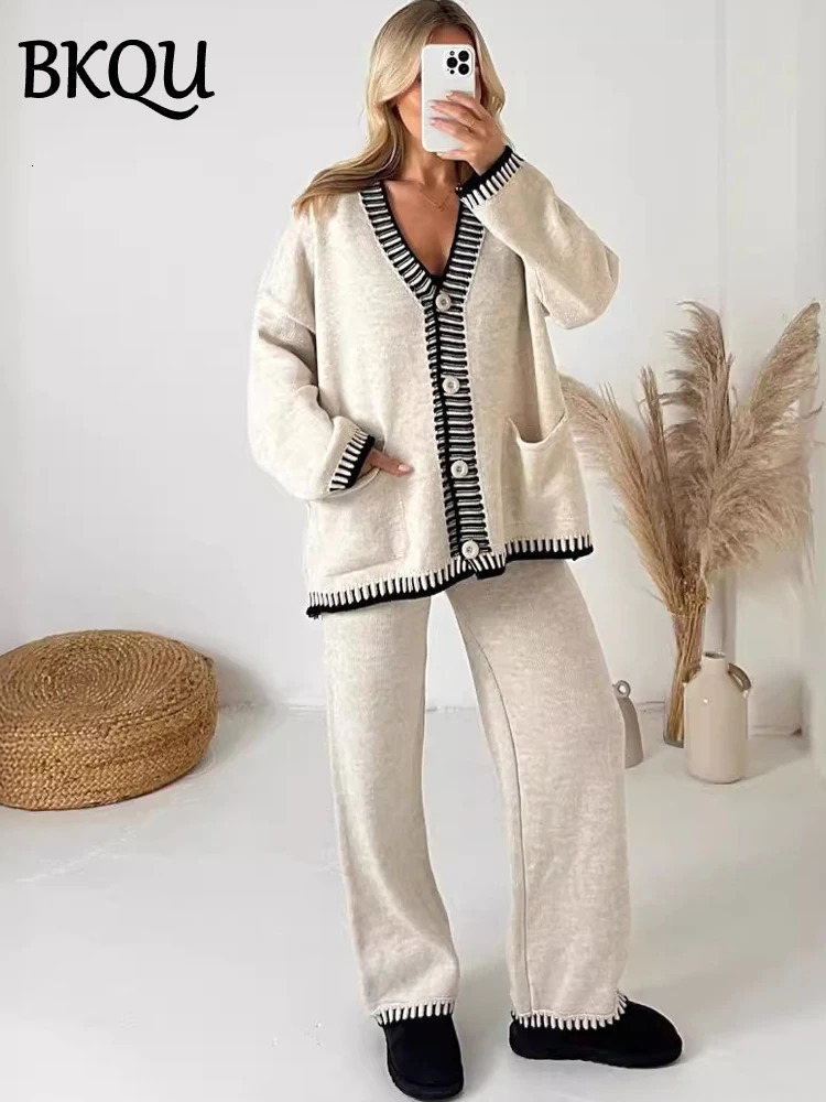 BKQU Knitted Two Piece Set Vneck Button Cardigan Sweater Casual Wide Leg Pants Suits Autumn Winter Lady Tracksuit Outfit 241129