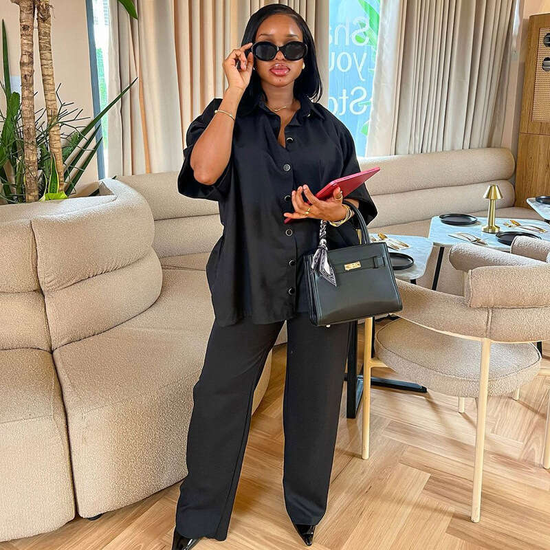 Fashion Spring/Summer New Casual Shirt Wide Leg Pants Two Piece Set European, American, African Style Women's Clothing