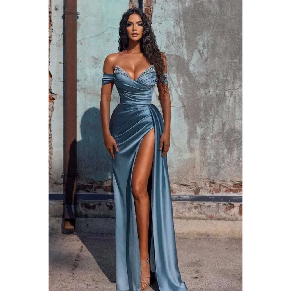 Dress Off Sexy Prom Blue Shoulder Formal Evening Party Gown High Size Split Satin Brdemaid Dresses Custom Made Bc Es 6660306