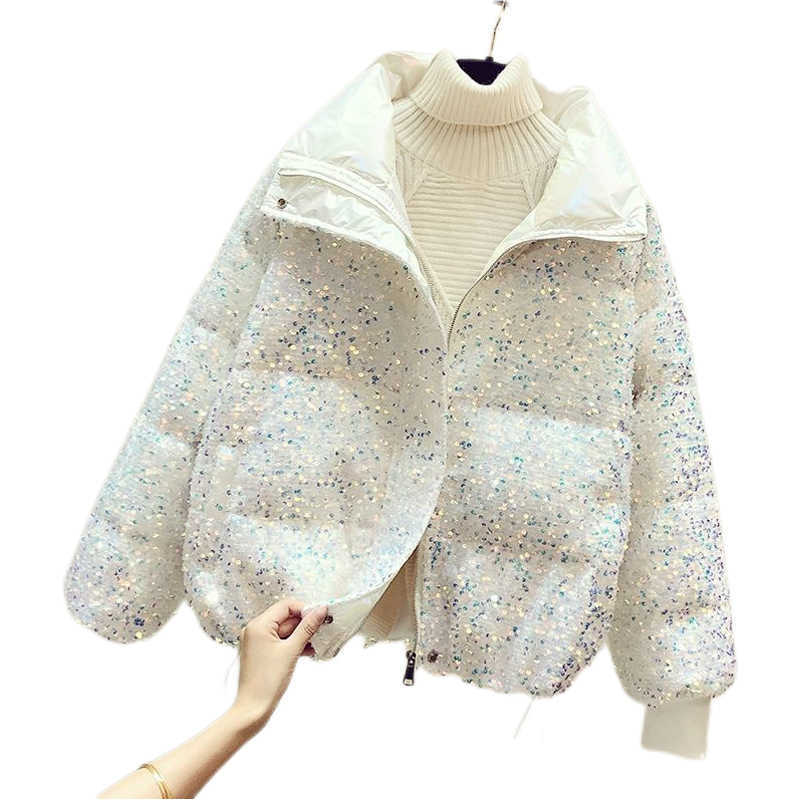 Women's Down Parkas Sequin Down Cotton-padded Women 2024 New Trend Cotton-padded Winter Short Bread Network Red Coat Coat Korean Version Loose Y2