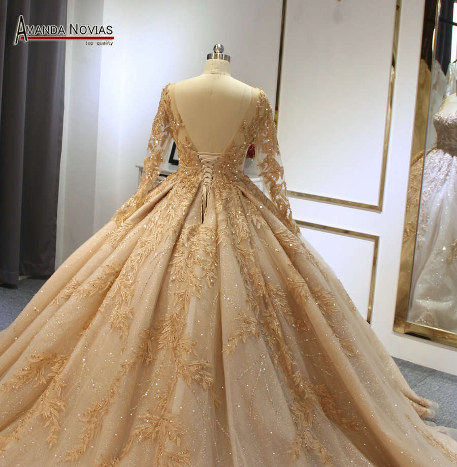 Custom Sleeves Champagne Ball Gown Wedding Dress With Long Train