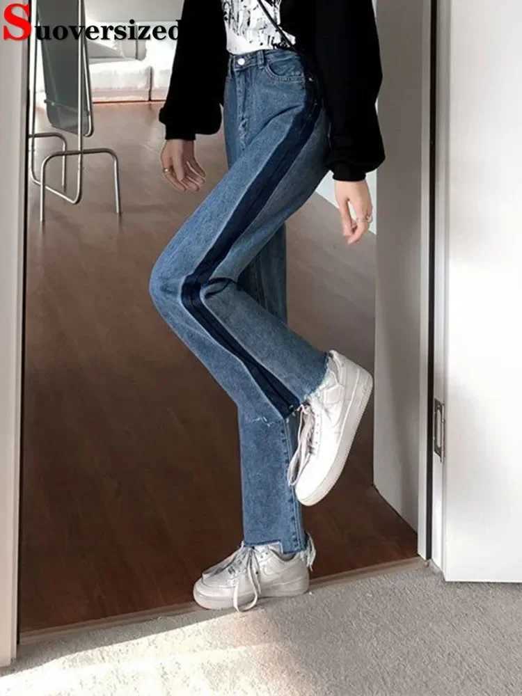 Women's Jeans Ankle Length New High Waist Side Stripe Straight Jeans Womens Baggy Big Size 5XL Wide Leg Jeans Spring from South Korea H241130
