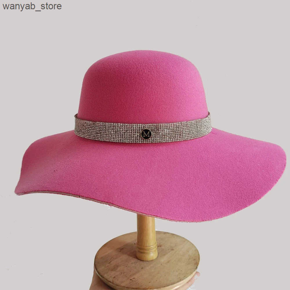 Wide Brim Hats Bucket Hats Elegant Ladies Rhinestone Fedora Hat Dome Hepburn Style Party Wedding Cap Felt Hat Womens Church Hat Large Brim Bucket Hat 