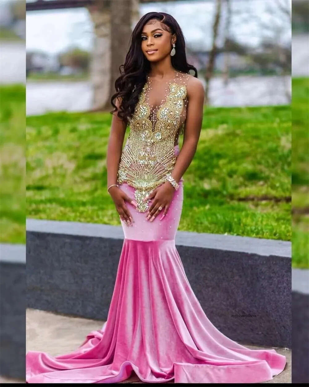 Pink Veet Golden Rhinestones Mermaid Prom Dresses 2024 For Black Girls Special Ocn Africa Wed Robe De Gala 0431