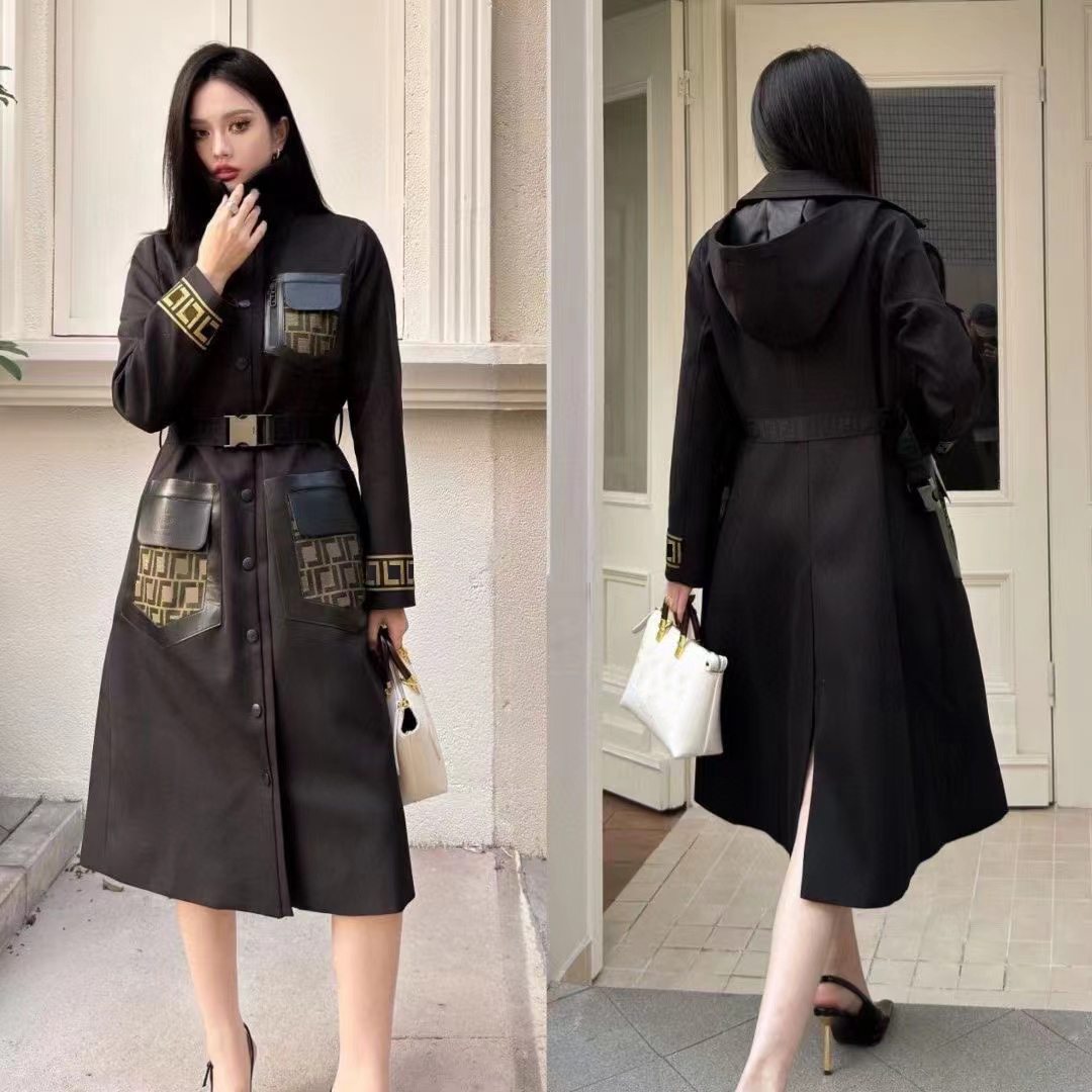 2024 New Designer Trench Coat Top Quality European and American Luxury Striped Style Fashion Women's Midi Trench Coat Jacket