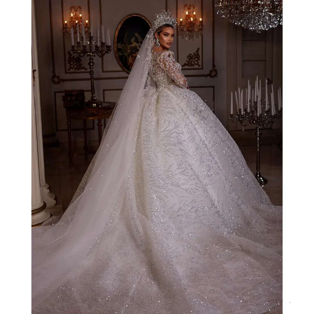 Dresses Wedding V Neck Princess Dress Beading Illusion Floral Sleeve Sparkly Crystal Fluffy Skirt Bride Gowns Custom Made Es