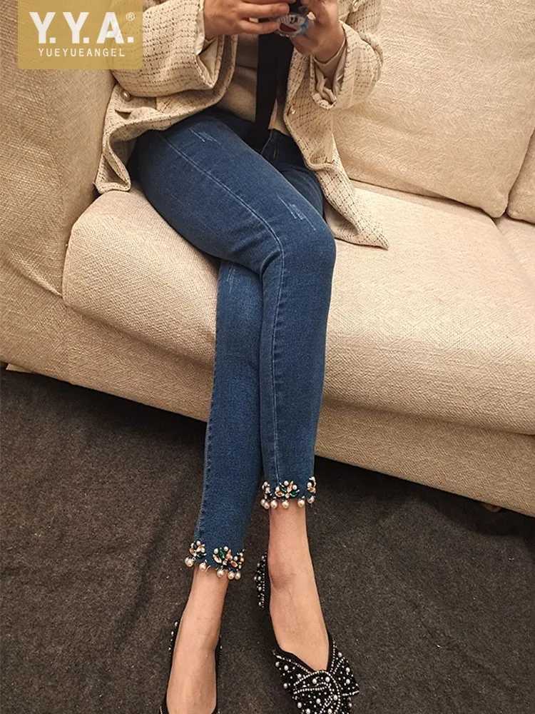 Women's Jeans Fashionable womens blue diamond bead denim pants ankle length pearls spring jeans mens slim fit pencil pants H241130