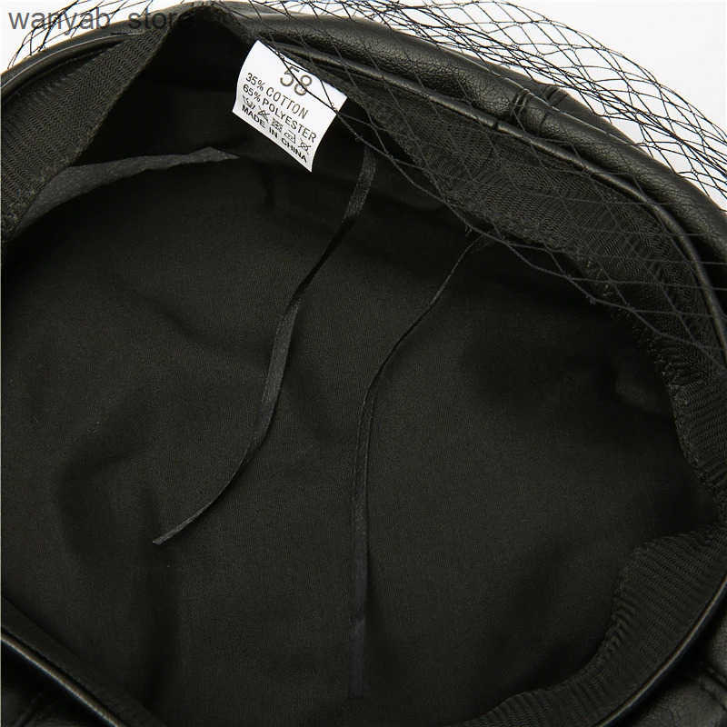 Berets 2022 New spring summer Black Hat Chic Leather French Beret With Veil Mesh Show Double Layer Women Beret Beanies Cap L240910