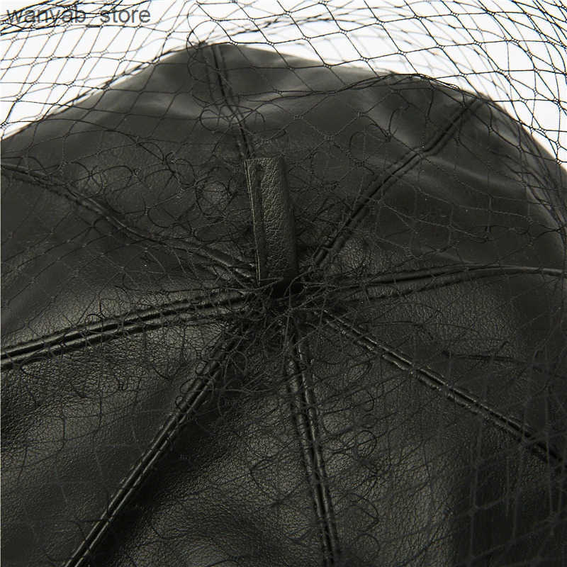 Berets 2022 New spring summer Black Hat Chic Leather French Beret With Veil Mesh Show Double Layer Women Beret Beanies Cap L240910