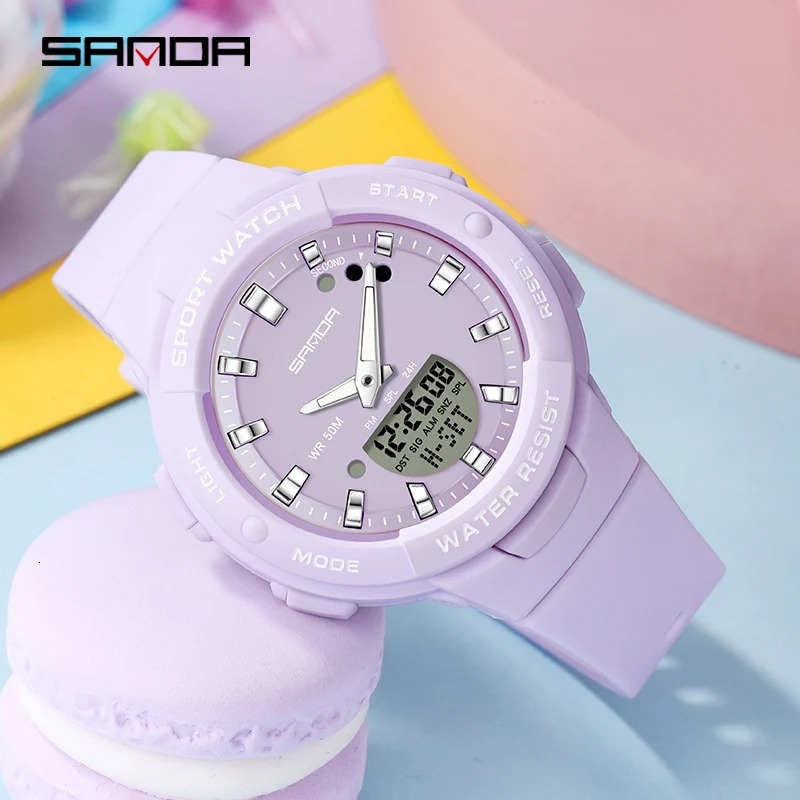 SANDA 6005 Womens Casual G-style Quartz Watch Sports Waterproof Wristwatches Dual Time Fashion White Clock Lady Digital Watches 240428