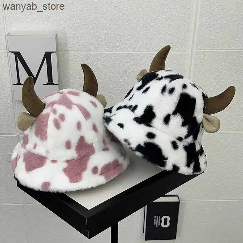 Wide Brim Hats Bucket Autumn and winter new cow print horn fisherman hat female Korean fashion plush thickened warm basin L240910