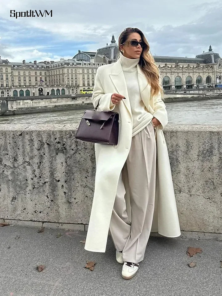 Elegant White Woolen Blend Thick Long Coat Women Double Breasted Warm Full Sleeve Jackets 2025 Female Commute Street Outerwears 241129