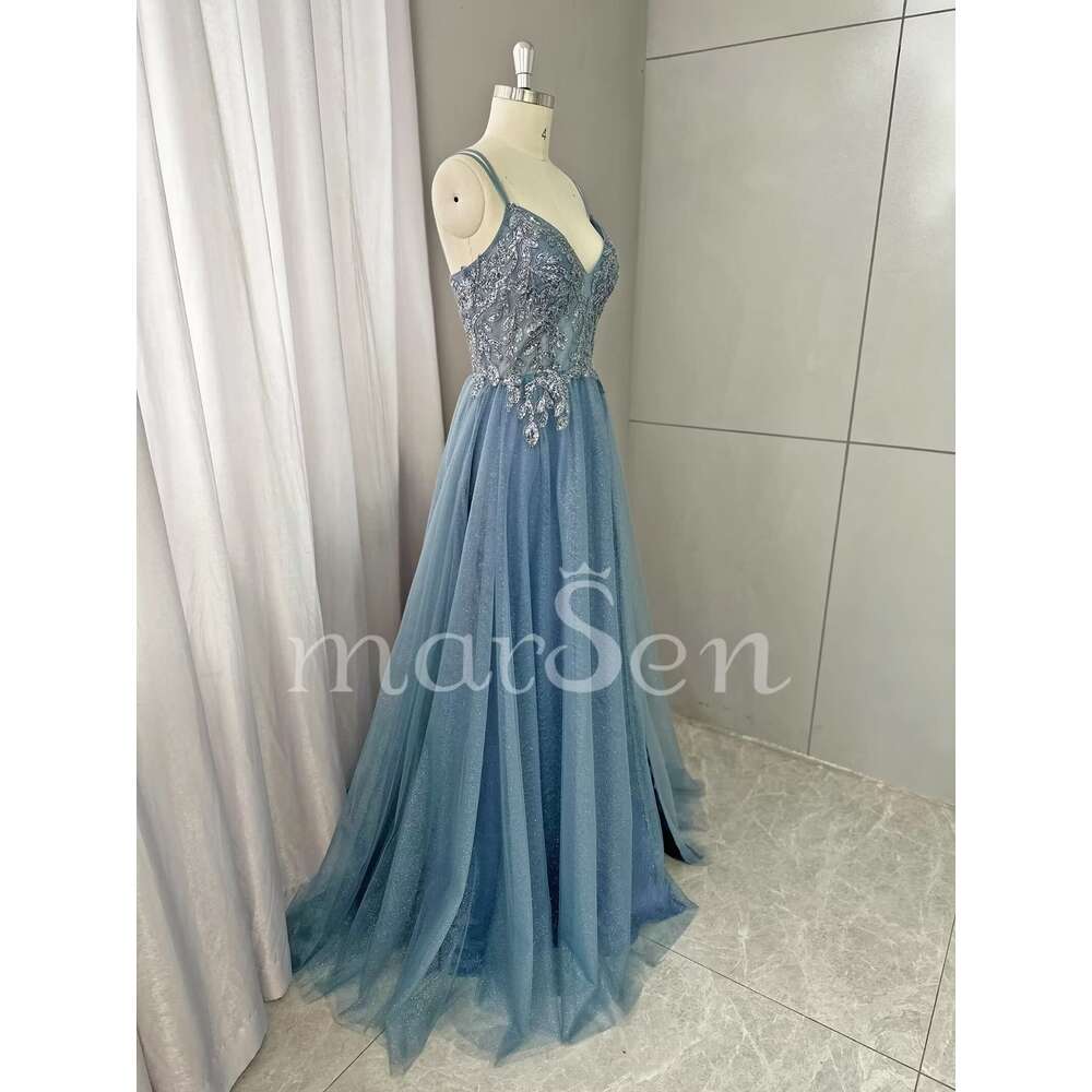 Neck Glitter V Tulle Prom Lace Appliques Ball Gown for Women A Line Spaghetti Straps Formal Dresses with Split prom AMZ MZ