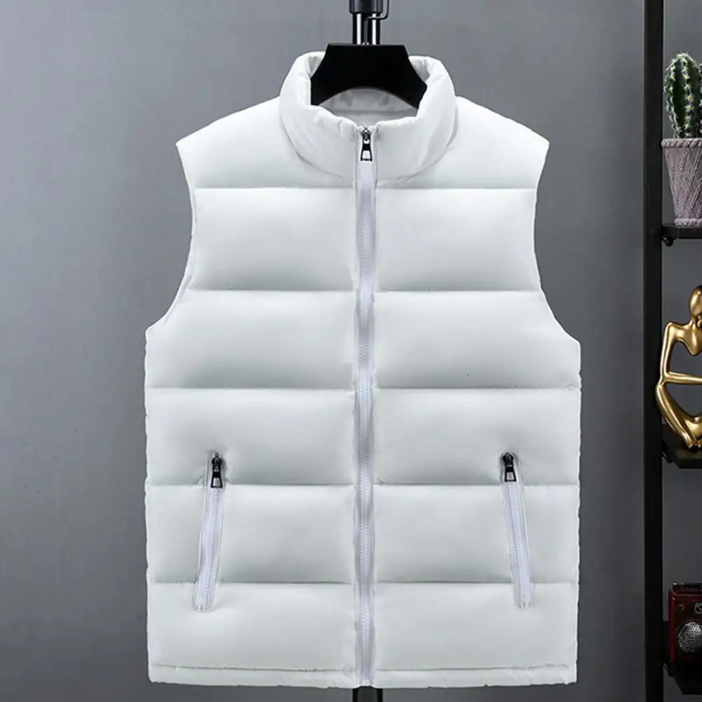White Vest Jacket Men Solid Color Thickened Stand Collar Zipper Slim Fit Sleeveless Autumn Winter 241129