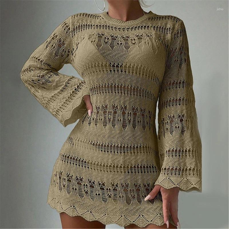 Hollow Out Crochet Beach Wrap Dress Long Sleeve Swimsuit Women Bathing Suit Coverup For Parties