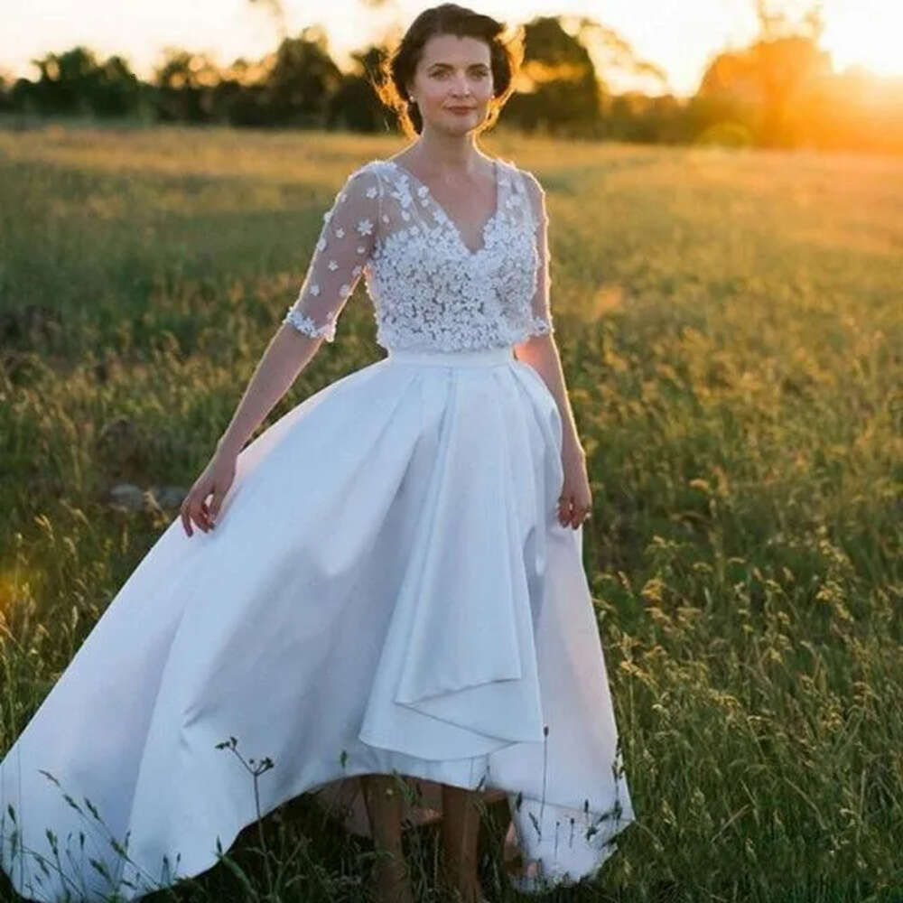 E 2024 Wedding A Country Dresses V Neck Hand Made Wers Half Sleeves Satin High Low Length Plus Size Party Dress Bridal Gowns 403 Lz0304