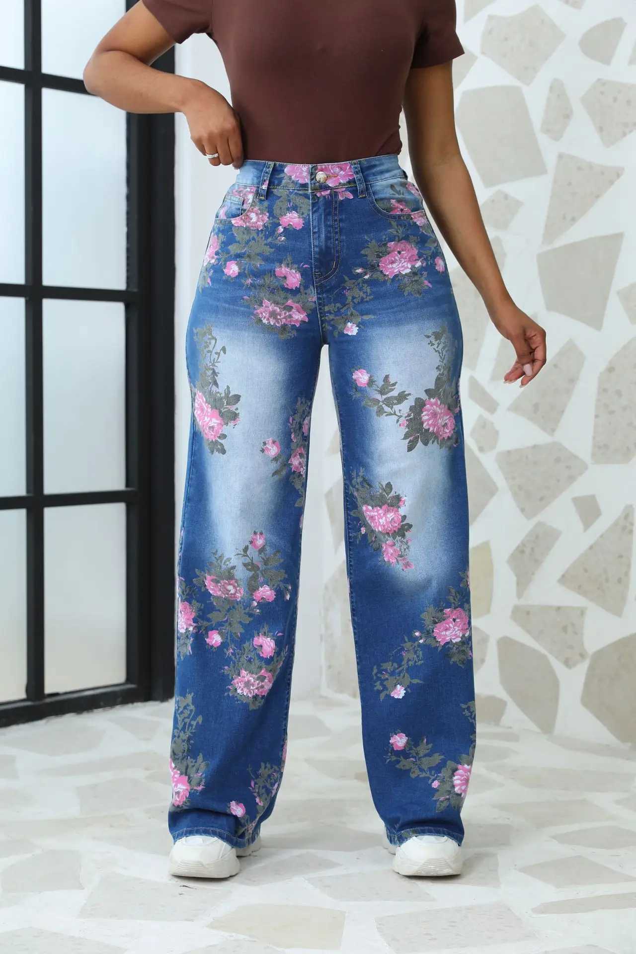Women's Jeans Floral print womens loose jeans suitable for high rise denim robot womens loose pants autumn H241130