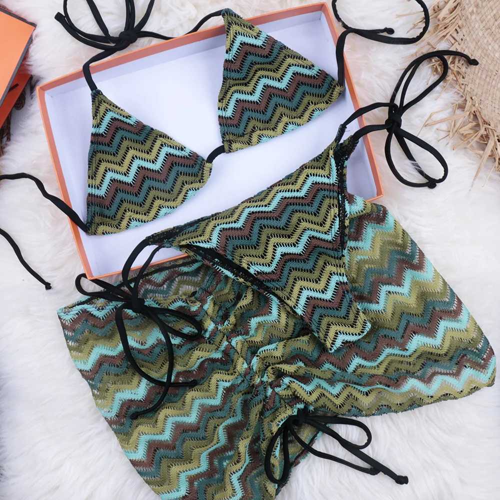 Women's Swimwear Colorful Ripples Bikini 2024 3-Piece Swimsuit Womens Swimsuit Brazilian Bikini Set Ruched Skirt Beachwear H241130