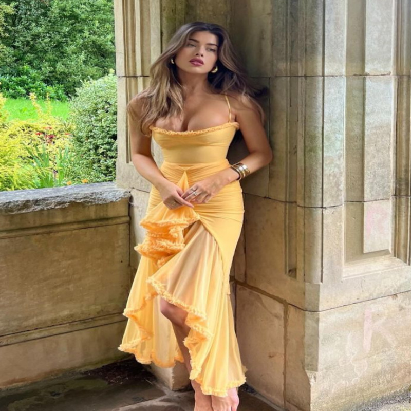 Women Elegant Irregular Ruffles Hem Pleated Sling Maxi Dress Sexy Sleeveless Backless Slim Robes Lady Evening Party Dresses w241126