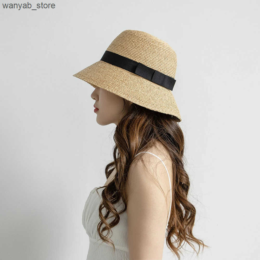 Wide Brim Hats Bucket % Natural raffia straw hand weaved bucket hat women wide brim foldable L240910