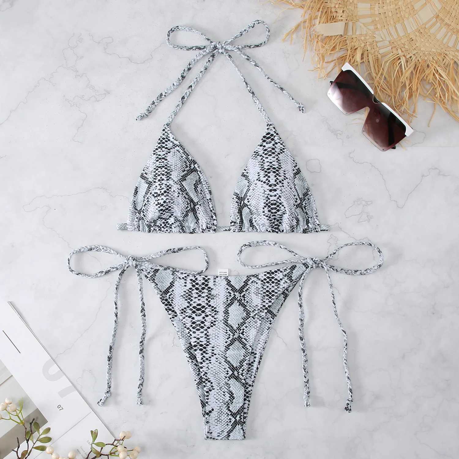 Women's Swimwear Snake Print 2-piece womens swimsuit 2024 new triangle bikini summer beach vacation suspension backless lace swimsuit H241130