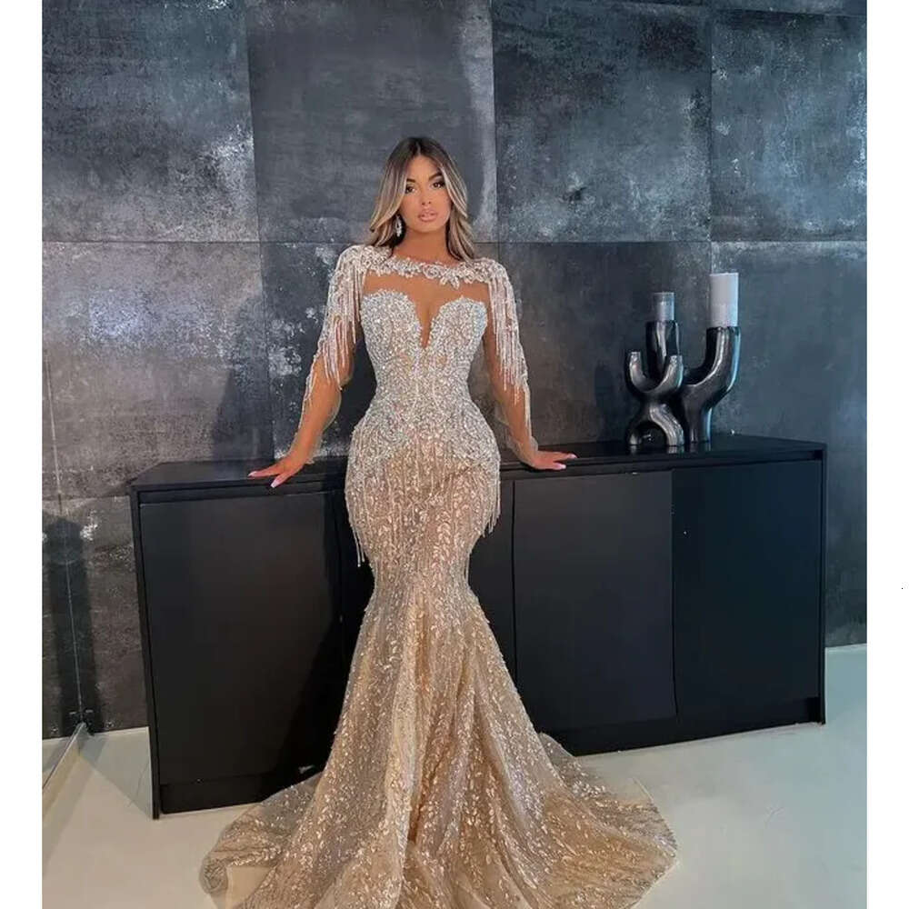 Ao Mermaid Ebi Champagne Prom Dre Beaded Crytal Evening Formal Party Second Reception Birthday Bridemaid Engagement Gown Dree Robe De Soiree E 6660306