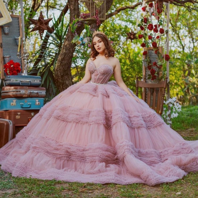 Pink Off The Shoulder Quinceanera Dresses Ball Gown Beads Crystal Tulle Tiered Mexican Sweet 16 Dresses Vestidos De 15 Anos