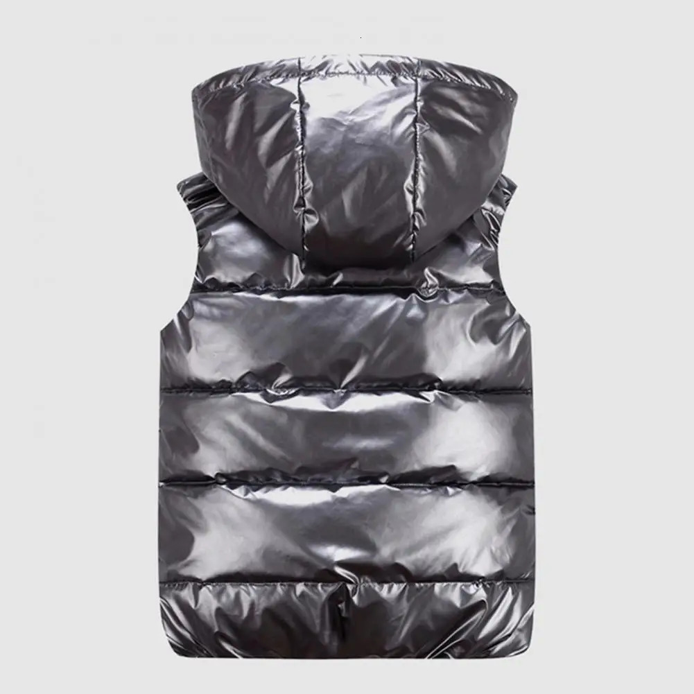 Warm Men Zippered Vest Mens Cotton Hooded Sleeveless Quilted with Zipper Placket Pockets Autumn Winter Solid Color Glossy 241129