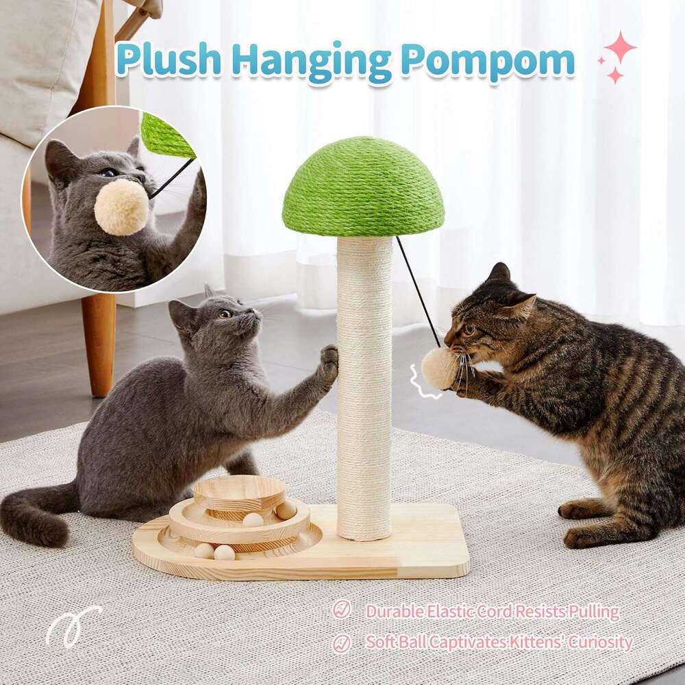 Made4Pets Cat Scratchig Post, Mushroom Cat Scratcher Sisal Ropes, Iteractive Track for Small Kittes, 2-In-1 Wood Scratch Toy with Dagg Plush Ball 20 i