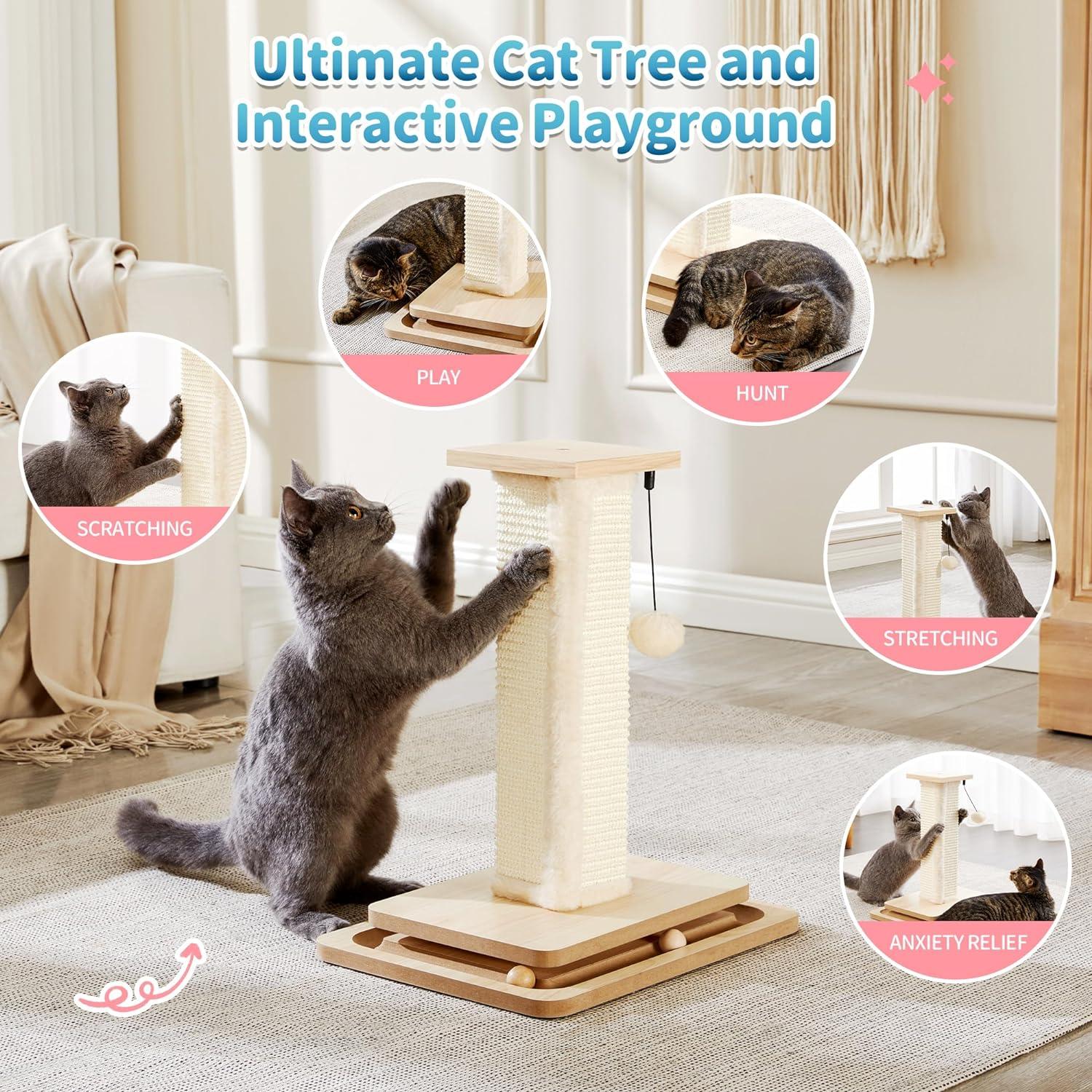 Made4Pets Pet-Friendly Feline Climbing Cube Durable & Interactive Cat Furniture, 2-In-1 Cat Scratcher With Sisal Ropes, with Dangling Plush Balls, 3-7