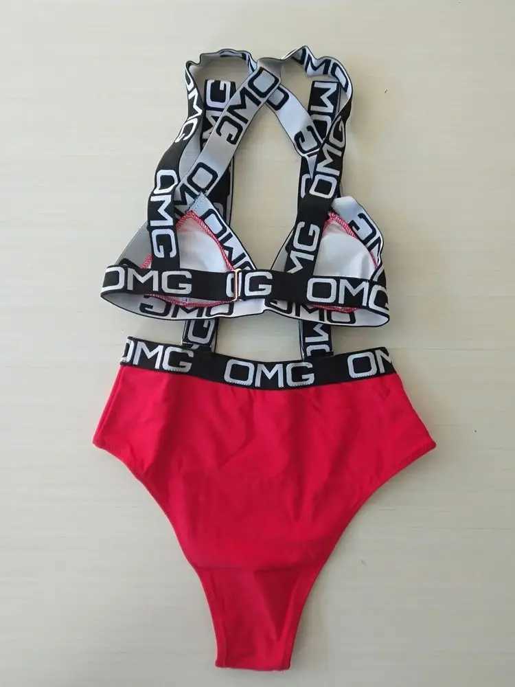 Women's Swimwear 2024 Neon womens swimsuit push up bikini swimsuit high waisted swimsuit OMG letter printed one-piece Monokini beach suit swimsui