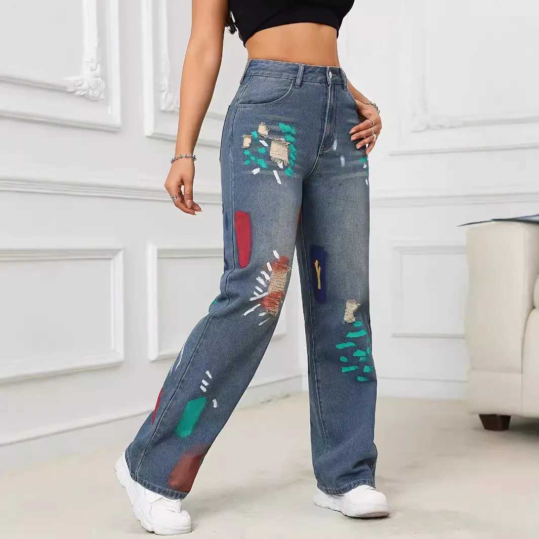 Women's Jeans American retro loose casual high waisted long jeans womens spring and summer new graffiti torn straight leg jeans H241130