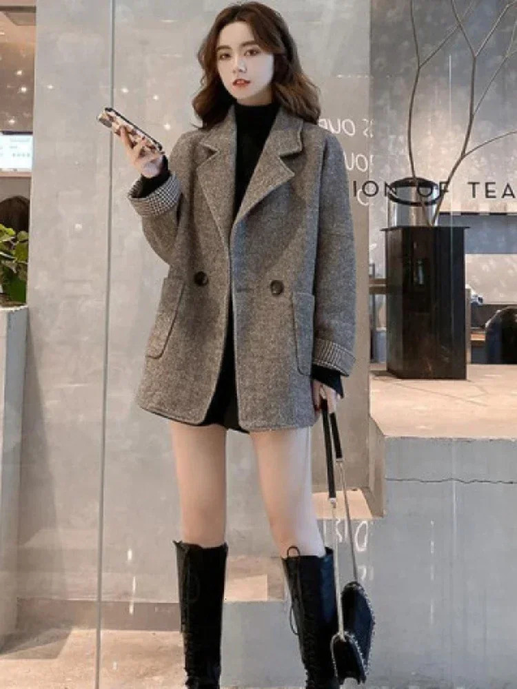 Blazers 2024 Autumn Winter Turndown Collar Wool Blends Coats Korean Fashion Solid Tweed Jacket Simplicity 241129