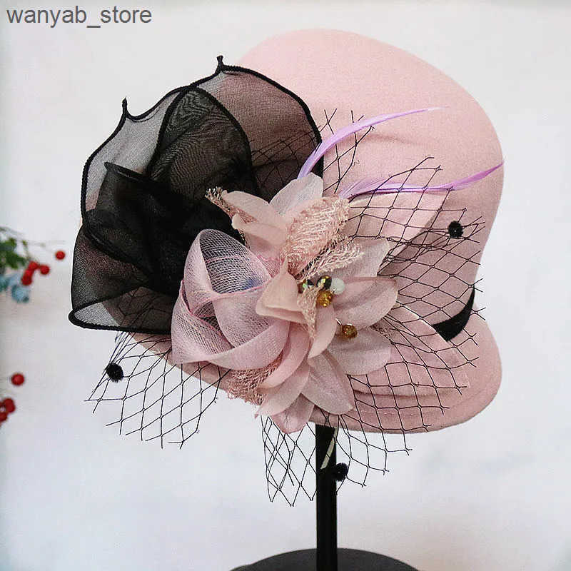 Wide Brim Hats Bucket Hats Autumn Winter Wool Women Elegant Church Hat Ball Ribbon Solid Color Ladies Jazz Cap New Female Bow Bowler Wedding Ceremony 