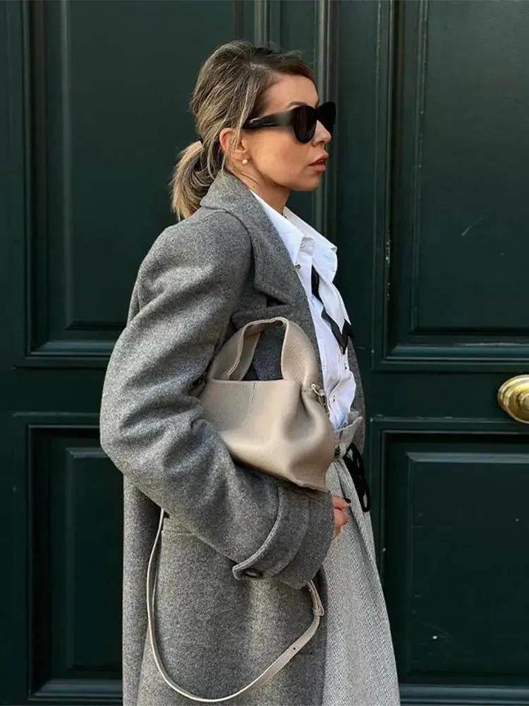 Autumn Grey Lapel Single Breasted Womens Long Wool Coat Chic Street Padded Shoulder Sleeve Jacket Female Outerwear 241129