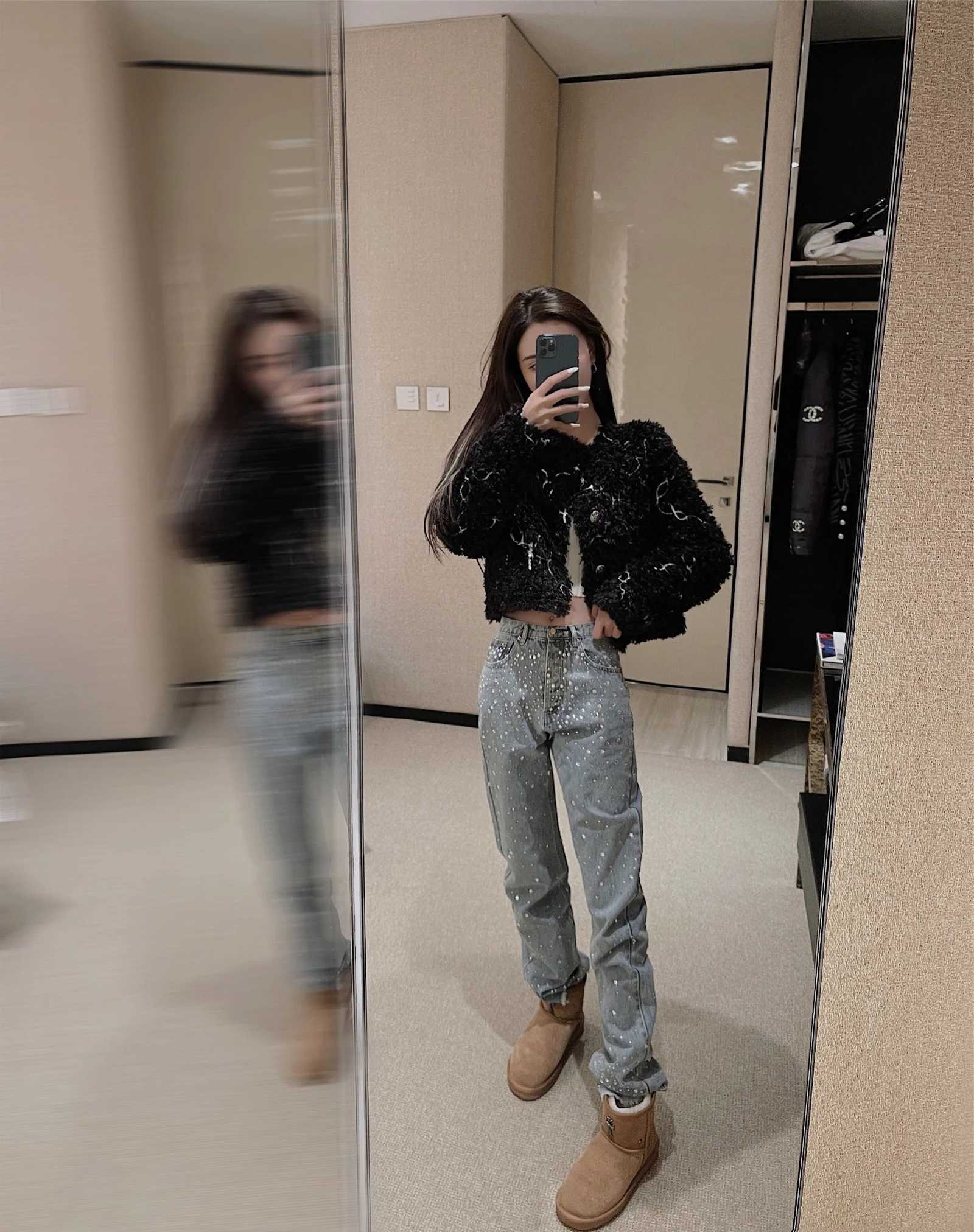 Women's Jeans Rhinestone High Body Waist Jeans for Women 2023 New Autumn Plants Female Straight Denim Pants Loose Weight Loss Pants H241130