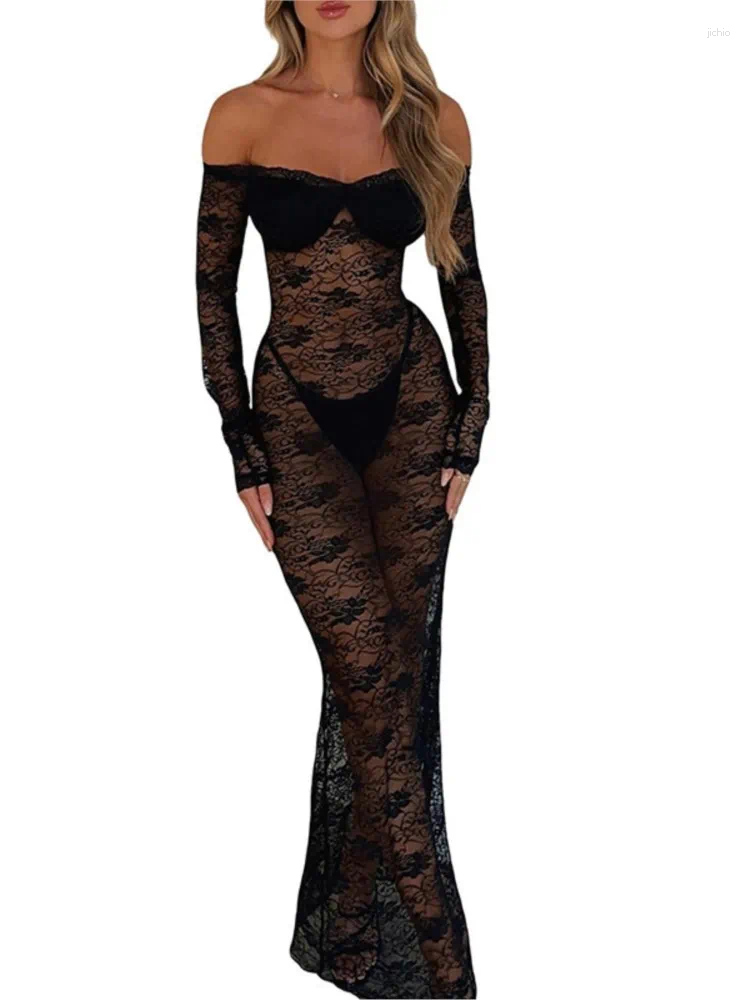 Lace Dress Cover-ups Women Swimsuit Off The Shoulder Sundress Robe Summer Black Fashion Beach Holiday Bikini Cover Up Swimwear